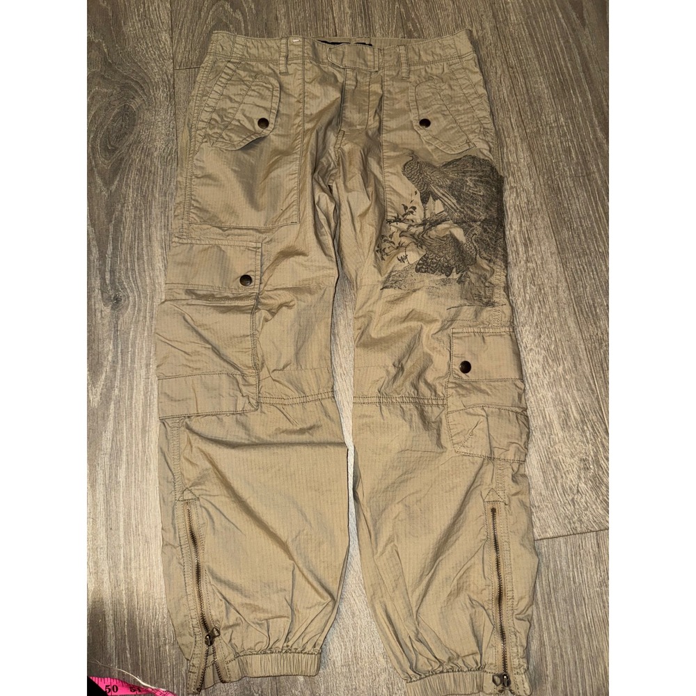Ralph Lauren Sport Tan Ripstop Cargo Pants Peacock Graphic Zipper Cuff Womens 2